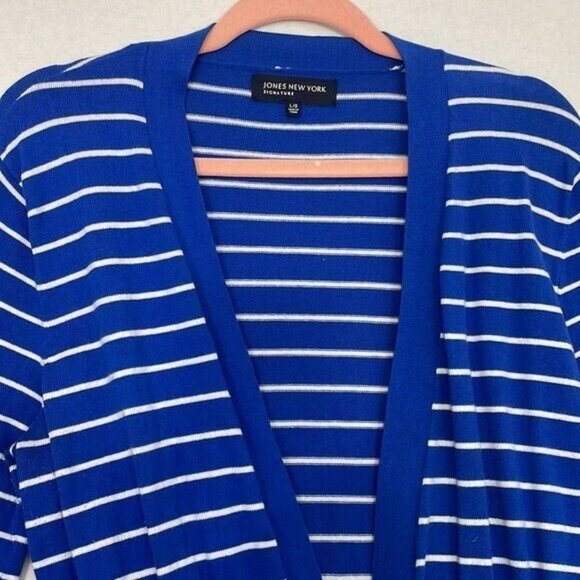 Jones New York Cardigan Sweater, Open Front with Drawstring, Blue and White, L - Picture 3 of 10